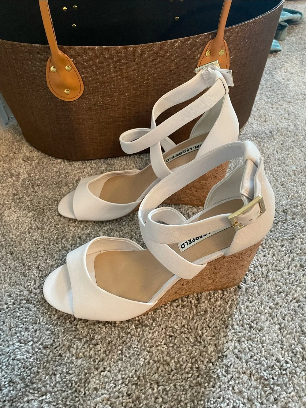 Karl Lagerfeld Cream Ankle-Strap Wedge Sandals